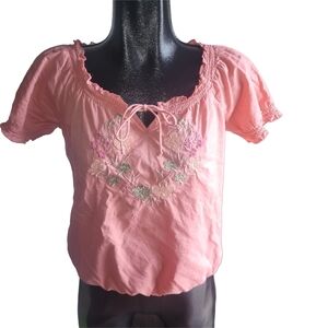 Sonoma Pink Embroidered Peasant Boho Chic Short Sleeve Top Size S